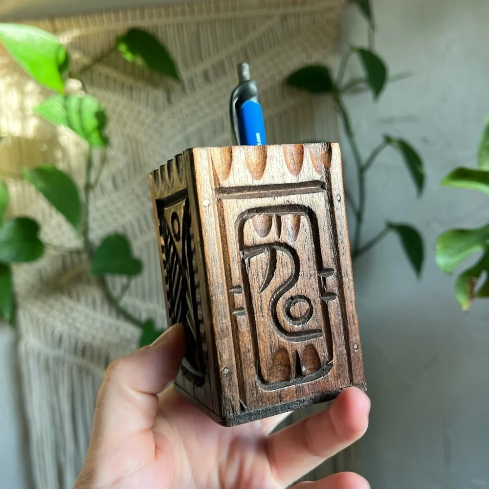 Vintage Hand-Carved Wooden Pen Holder | Boho Rustic Desk Organizer Artisan Wood